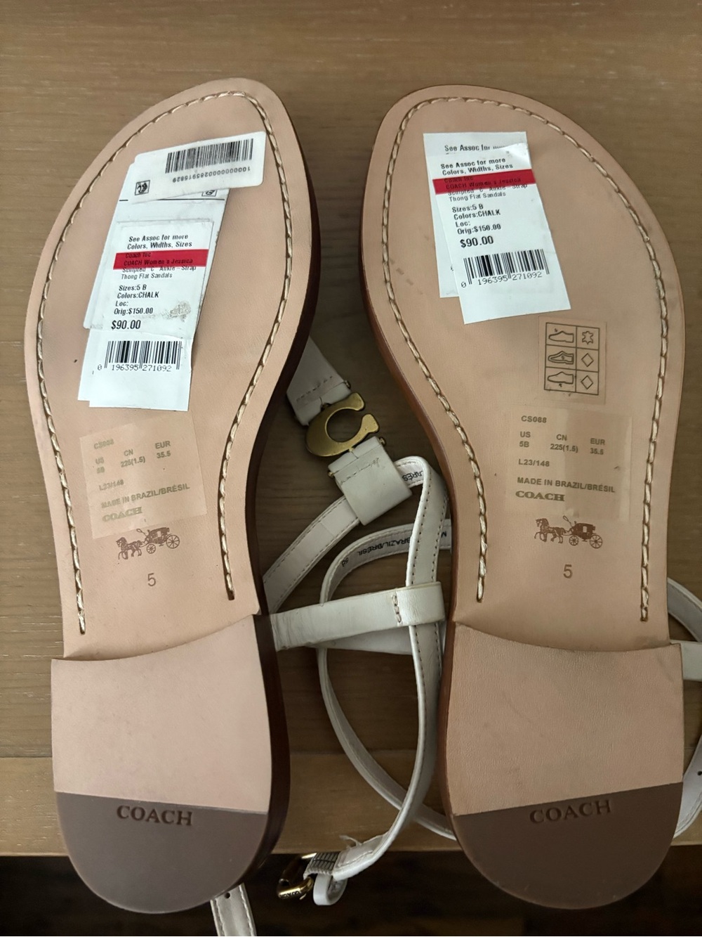 COACH White Leather Strappy Flat Sandals with Gold Accent